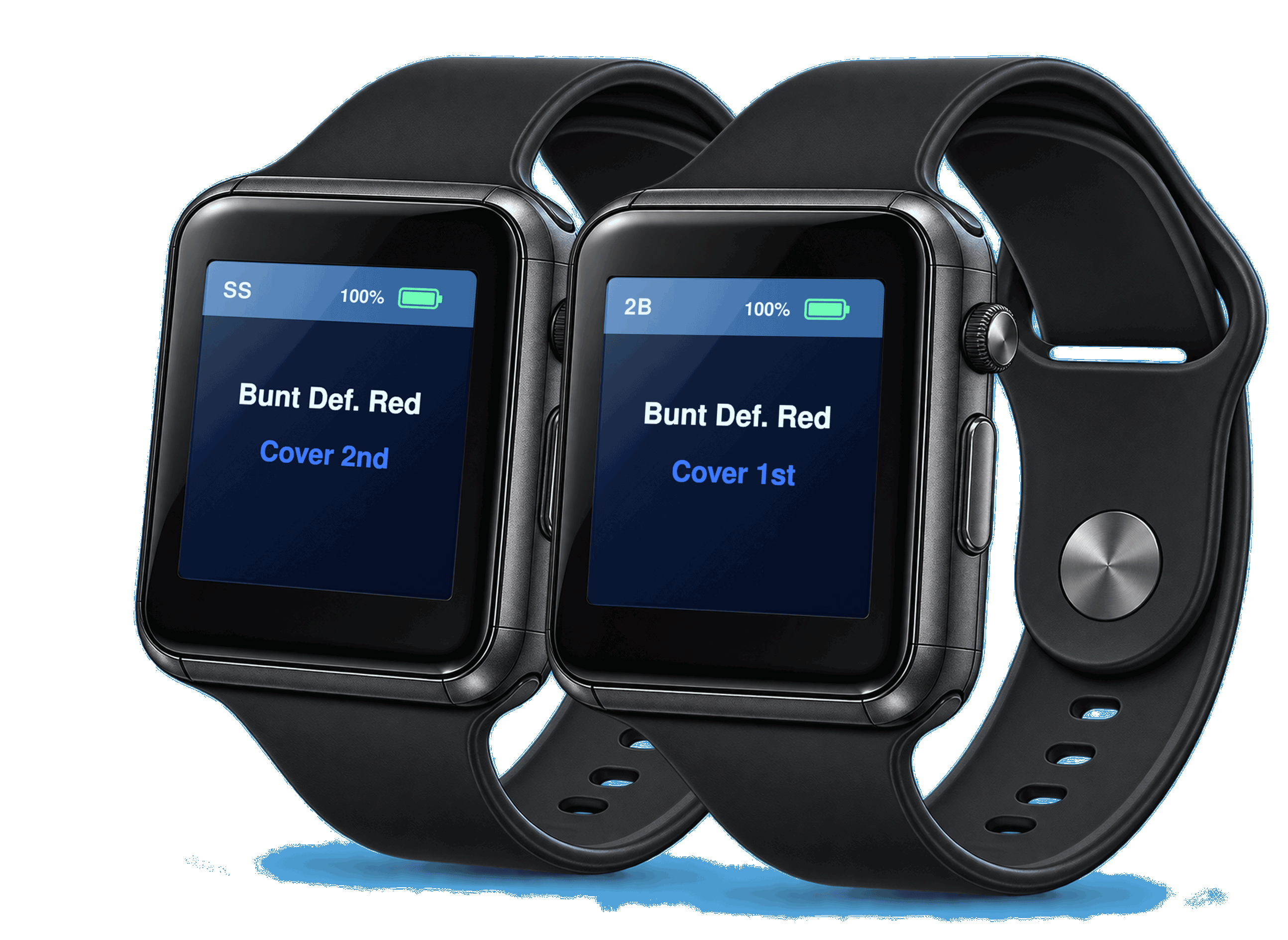 Two player devices showing the same bunt defense, with a different cover assignment for shortstop and second base