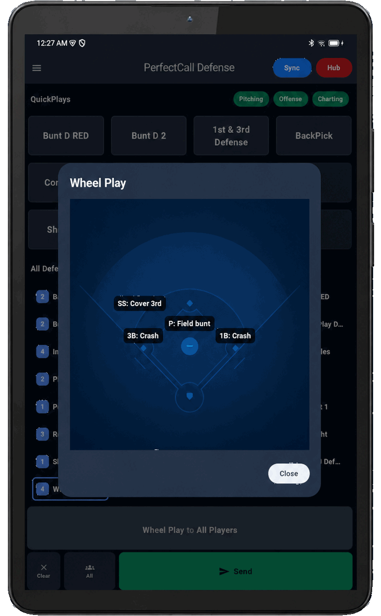 PerfectCall Defense screen — bunt coverages and positioning plays
