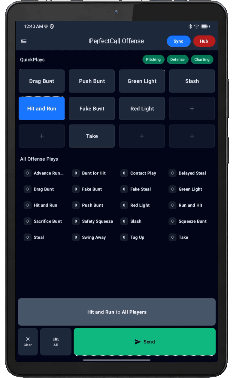 PerfectCall Offense screen — steals, bunts, and situational calls