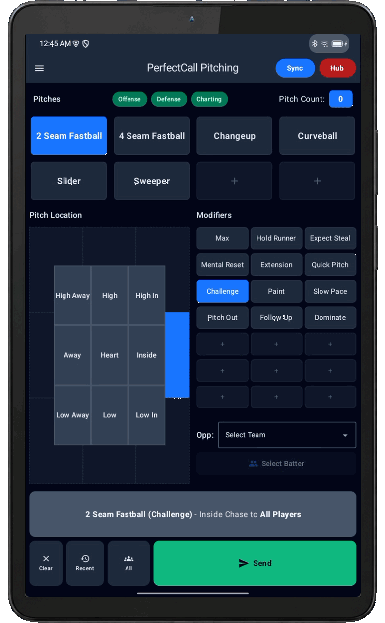 PerfectCall Pitching screen — pitch type, location grid, and modifiers