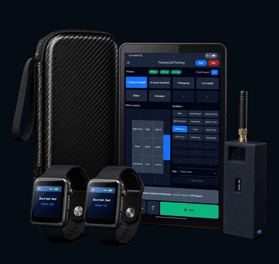 Varsity 2 — Coach Tablet, Hub, two player devices, and travel case