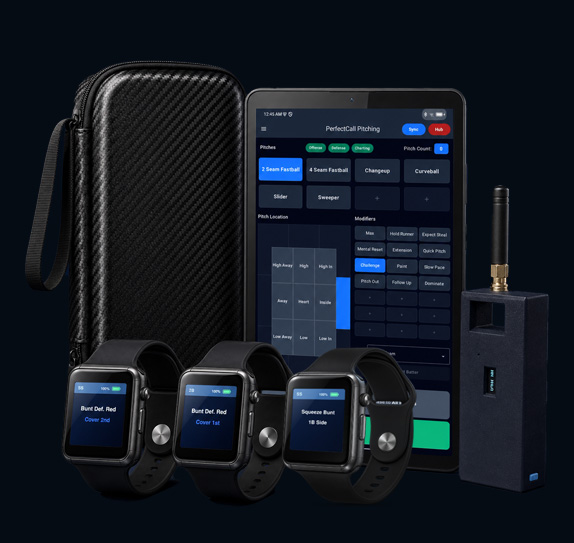 Varsity 3 — Coach Tablet, Hub, three player devices, and travel case