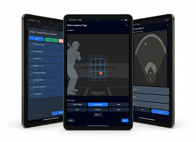PerfectCall charting screens — pitch location, pitch type, and count views